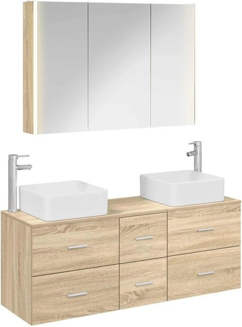 vidaXL Badezimmermöbel-Set 4-teilig in Sonoma-Eiche mit Waschtischunterschrank und Spiegelschrank inklusive LED-Beleuchtung, Braun - Bild 1
