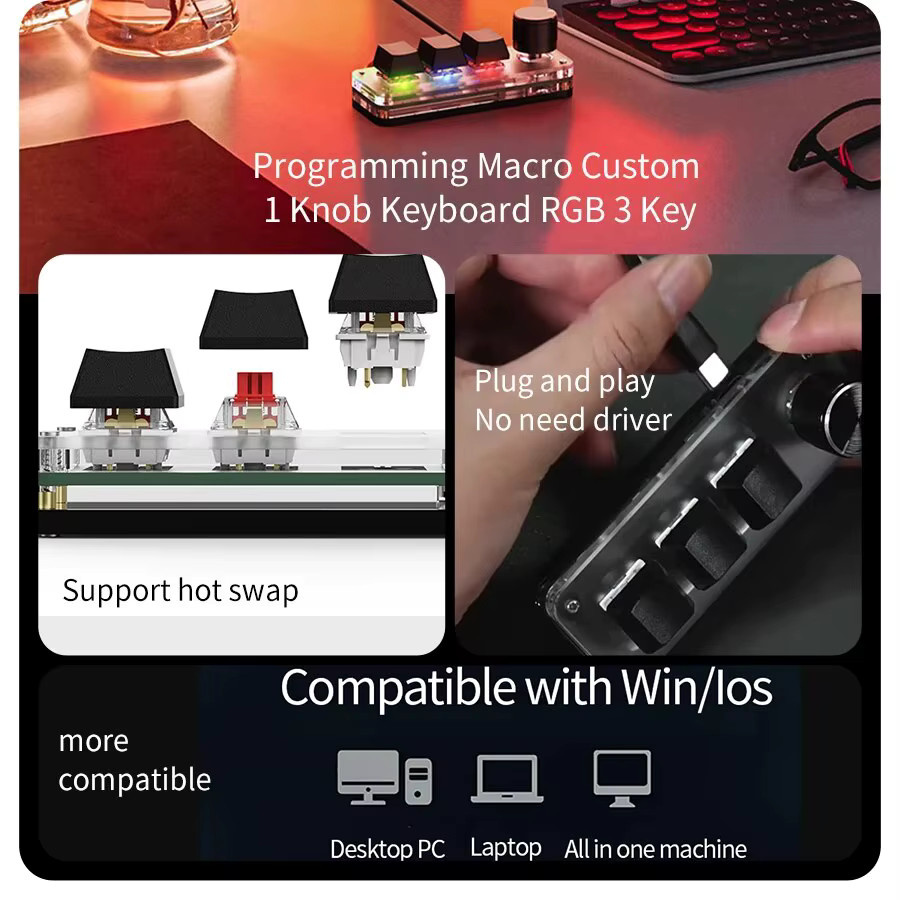 GGBEE Makro Mechanische Tastatur RGB Mini Gaming mit 3 programmierbaren Tasten für Photoshop in Weiß - Bild 5