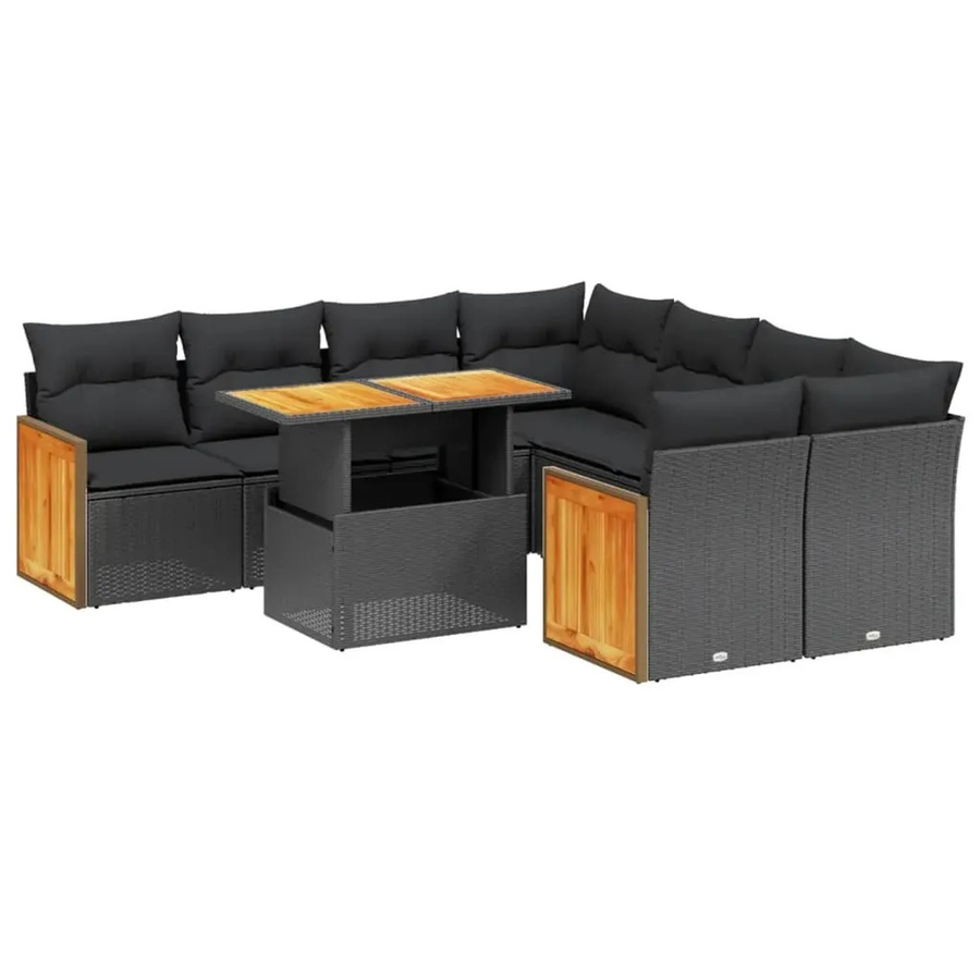 vidaXL 9-tlg Garten-Sofagarnitur in U-Form aus schwarzem Poly-Rattan mit Kissen und pulverbeschichtetem Stahlrahmen - Bild 2