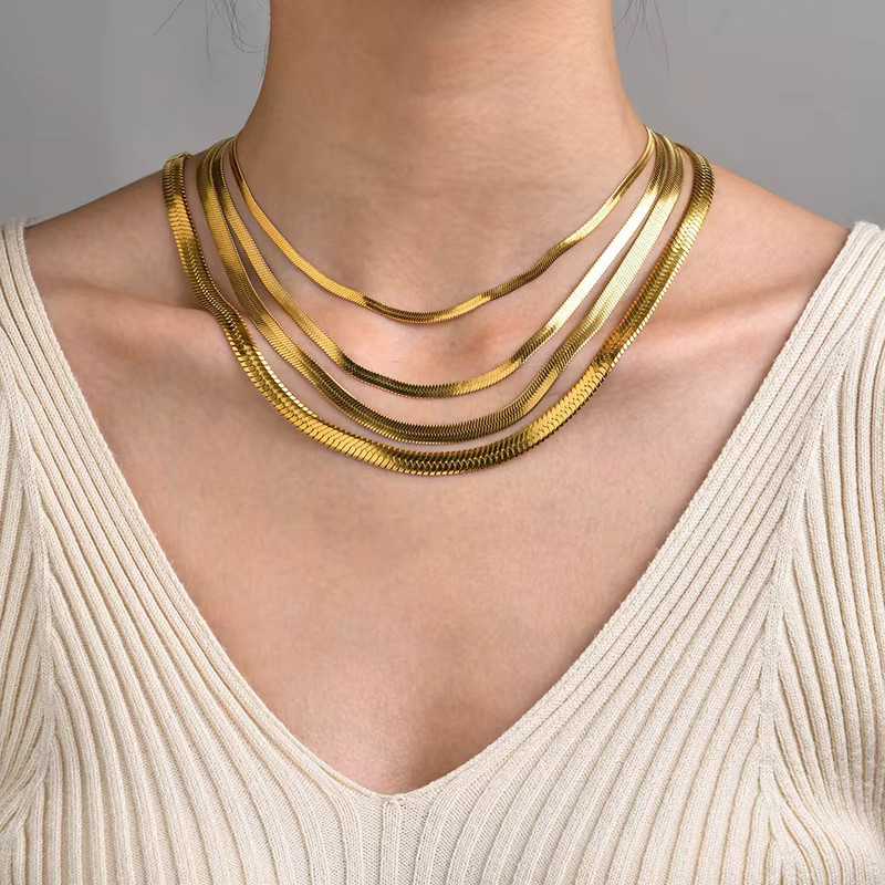 LOVBEAFAS Halskette Edelstahl, Gold, Fischgrätenmuster, Unisex - Bild 1
