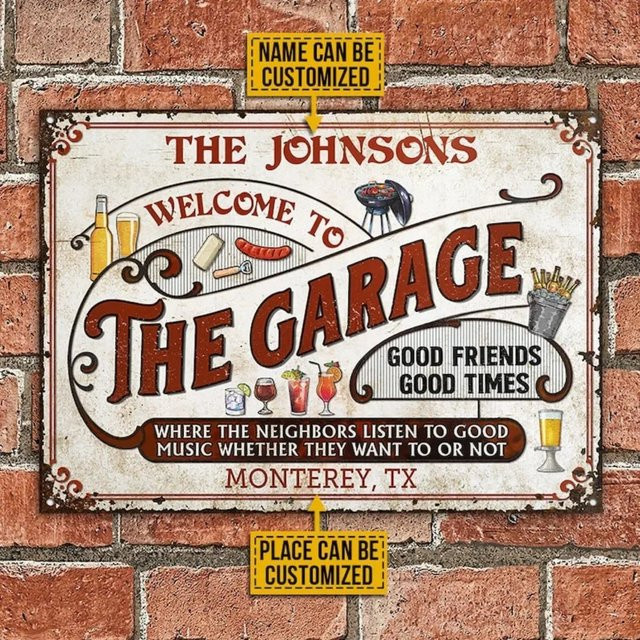 Personalisiertes Vintage-Garagenschild aus Metall von Hello Young in Weiß und Multicolour für die Man Cave oder Outdoor-Bar - Bild 1