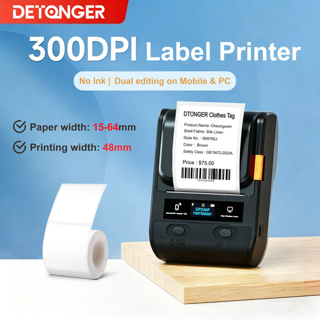 DETONGER DP230S/DP30S Multifunktionaler Mobiler Bluetooth Thermoetikettendrucker mit 300DPI für Android und iOS - Bild 1