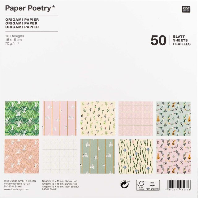 Rico Design Paper Poetry Origami Bunny Hop Bastelpapier, 50 Blatt, Farben: Rosa, Mint, Gelb, B/B: 15 x 15 cm - Bild 1