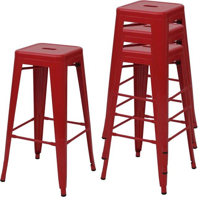 PROREGAL 4er-Set Barhocker im Industrial-Design aus Metall, stapelbar, Farbe: Rot, Sitzhöhe: 77 cm - Bild 1