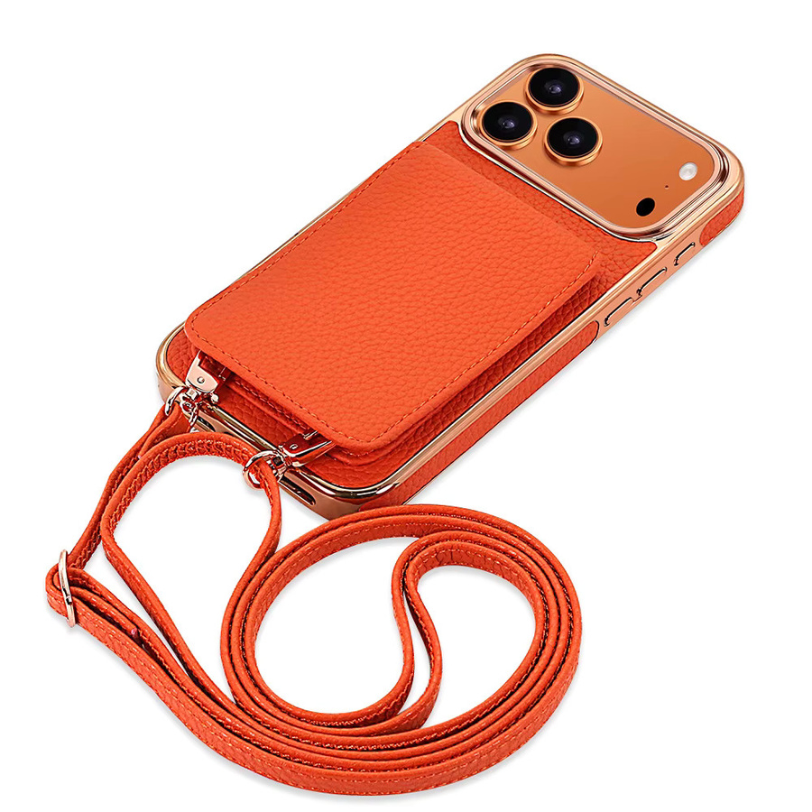 VIETAO Kunstleder-Handyhülle für iPhone 13 bis iPhone 17 Pro Max mit Umhängeband, Kartenhalter und Ständer in Orange - Bild 4