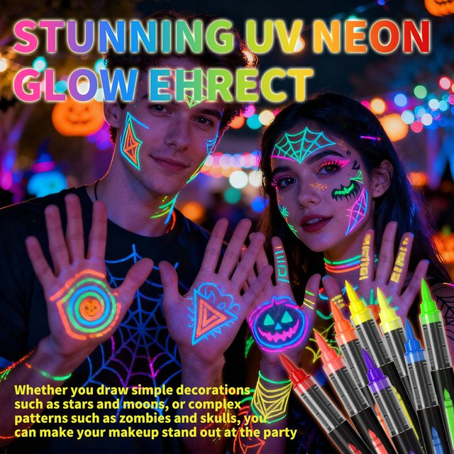 8-Farben UV-Fluoreszierende Marker Set mit weicher Spitze, abwaschbare Flüssig-Tattoo-Stifte in Multicolour für Festivals - Bild 1