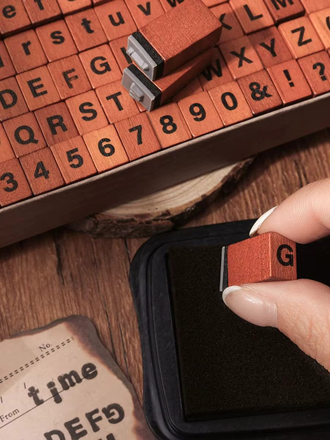 Retro Holz-Gummi-Alphabet-Buchstaben-Stempelset in Braun für Scrapbooking und DIY, 70 Stück pro Box - Bild 5