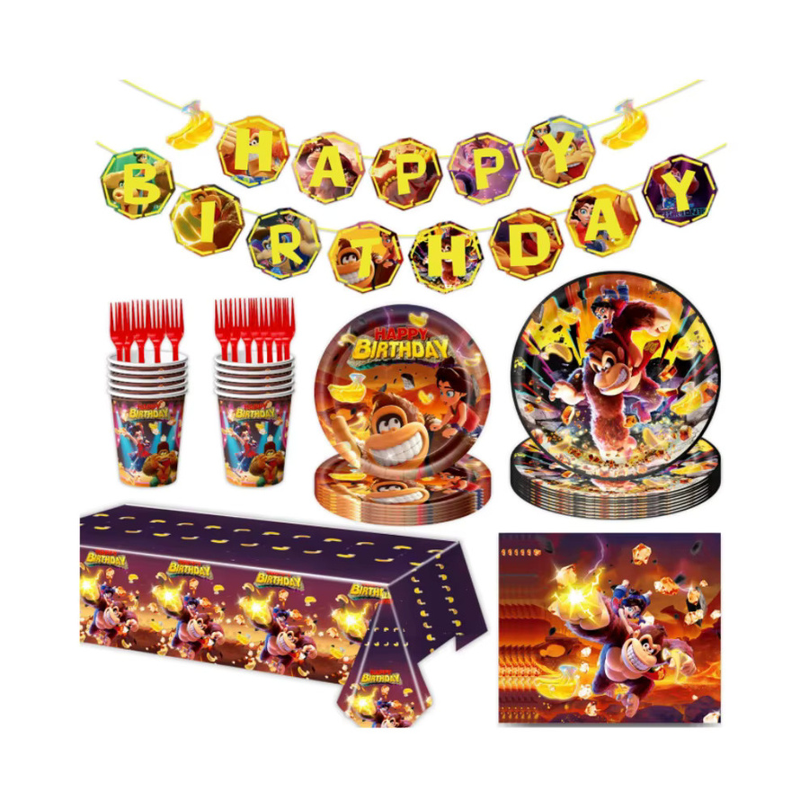 Potdemiel Donkey Kong Geburtstagsdekoration Set mit Ballons, Bechern, Tellern, Servietten und Tischdecke in Multicolour - Bild 7