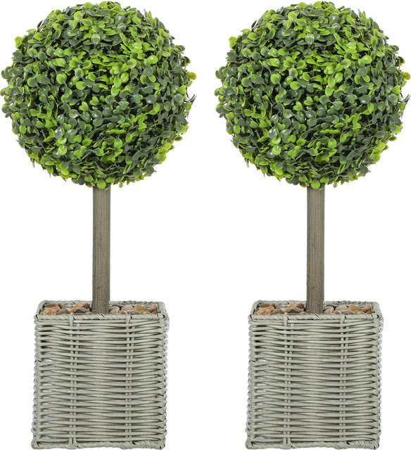 HOMCOM Set mit 2 künstlichen Buchsbaumkugeln in Grün, 50 cm Höhe, mit geflochtenem Plastiktopf und Dekosteinen - Bild 1
