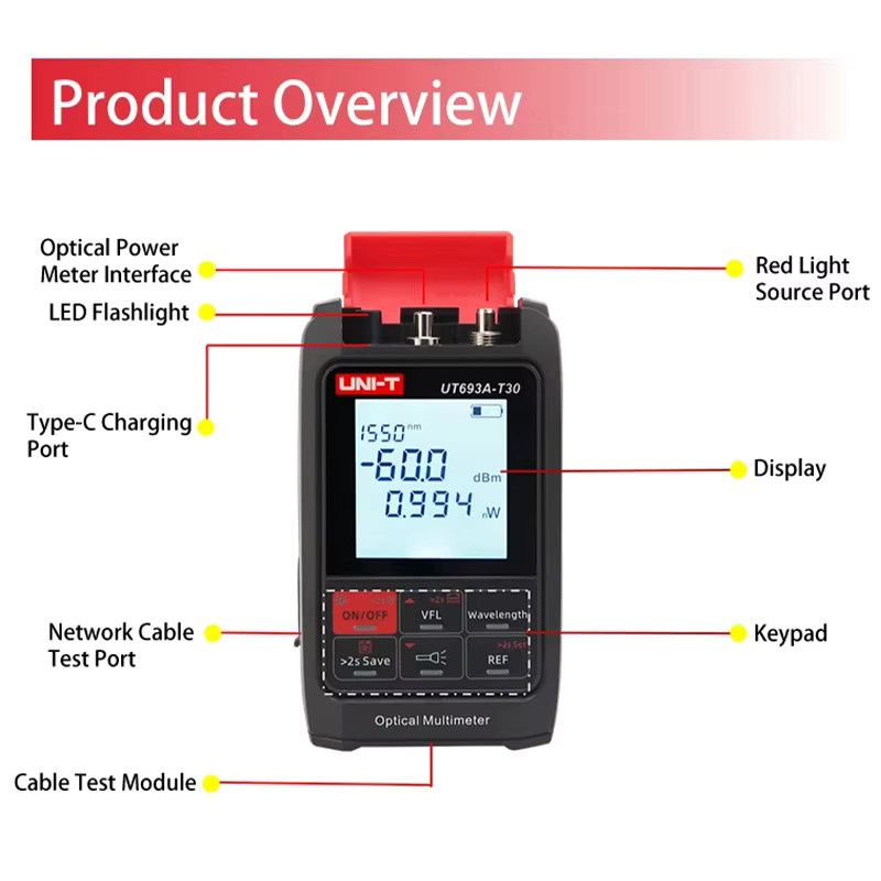 UNI-T UT693A 4-in-1-Glasfasertester mit 30 mW Rotlichtquelle VFL, Netzwerkkabeldetektor und optischem Leistungsmesser - Bild 3