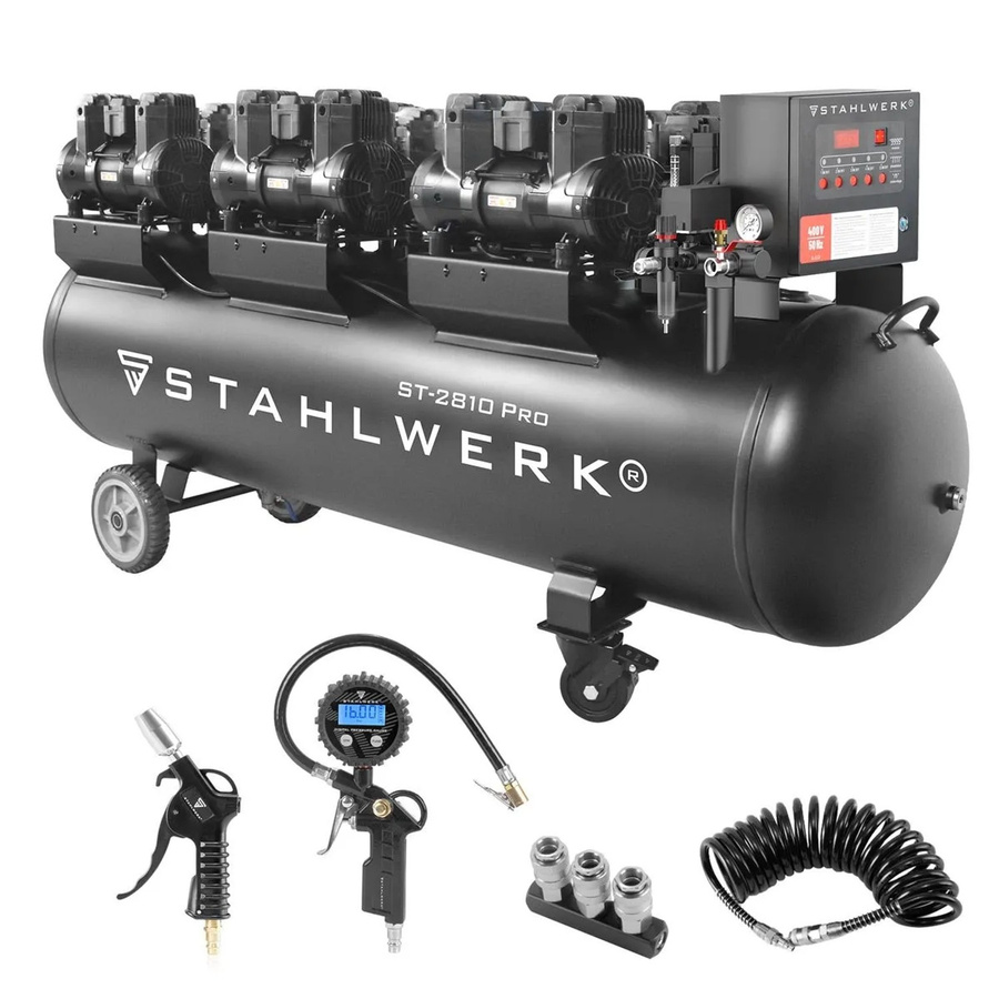STAHLWERK Kompressor Set in Schwarz mit 280 l Tank, 10 bar Druck und Zubehör wie Reifenfüller, Schlauch, Pistole und Verteiler - Bild 2