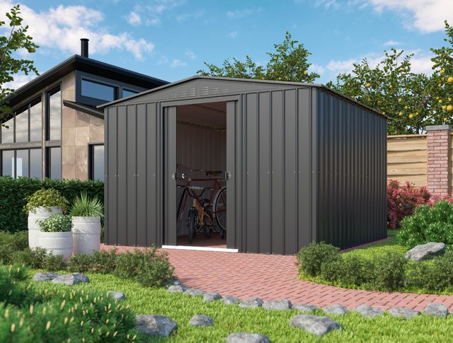 Globel Industries Gerätehaus Gartenmanager Dream 1010 aus Stahlblech in Anthrazit mit Schiebetüren und Lüftungsschlitzen - Bild 1