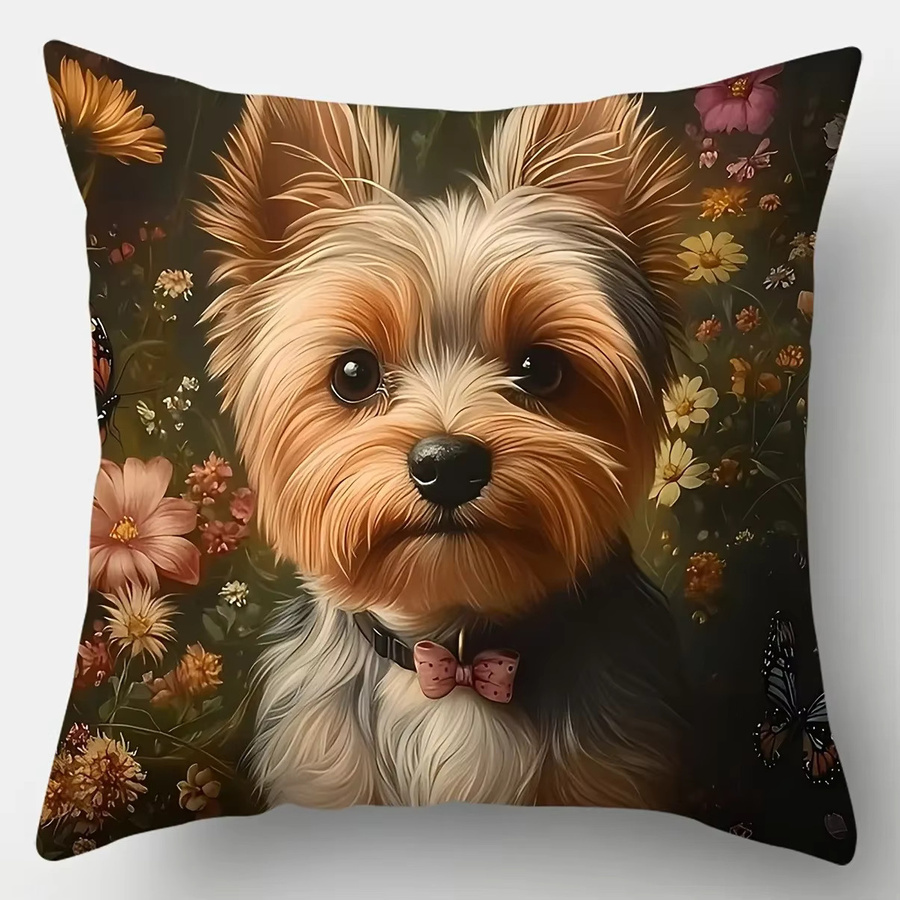 VIKAMA Yorkshire Terrier Kissenbezug mit floralem Garten-Design, quadratisch, Mehrfarbig, B/B/H: 40 x 40 x 40 cm - Bild 2