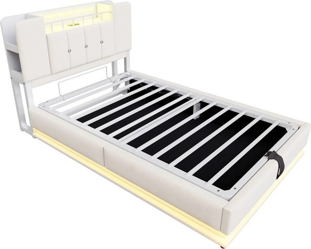 Merax Kinderbett mit LED-Beleuchtung, USB-Anschluss und Stauraum, Samt Beige, B/T/H: 200 x 90 x 107 cm - Bild 1