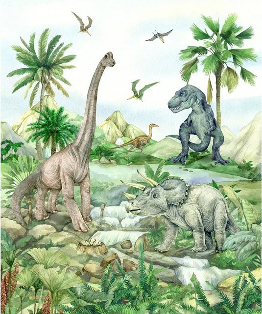 Sanders & Sanders Fototapete Dinosaurier in Grün für Kinder, Vlies, Breite: 225 cm, Höhe: 270 cm - Bild 1