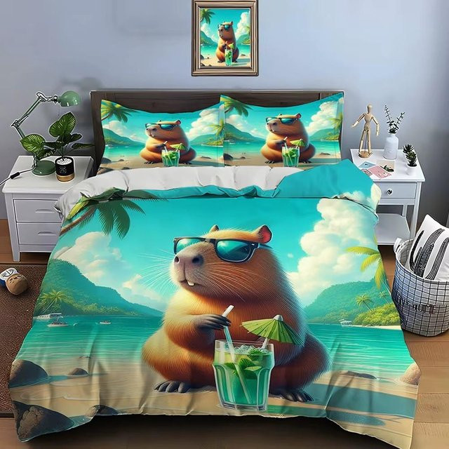 Cartoon Wasserschwein Bettwäsche-Set aus Mikrofaser, mehrfarbig, B/H: 259 x 228 cm - Bild 1