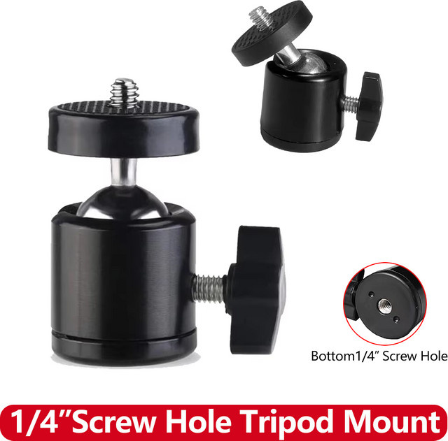 EXSKOF Mini-Kugelkopf aus Aluminiumlegierung in Schwarz mit 360 Grad Drehung und 1/4 Zoll Schraube für GoPro, Insta360, DJI, Stativ, Kamera, Handy und LED-Licht - Bild 1