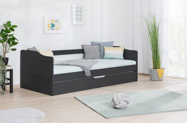 TiCAA Funktionsbett Sofabett Melinda aus massiver Kiefer in Braun und Schwarz mit Schubladen - Bild 1
