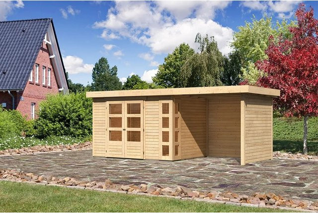 Karibu Holz-Gartenhaus Sölve in Natur mit Flachdach und überdachter Außenfläche, B/T: 298 x 213 cm - Bild 1