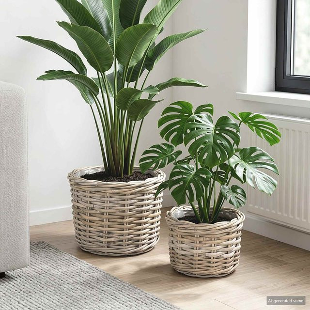vidaXL Blumentopf Korb Set mit Speicher 2-teilig in Grau aus Kubu-Rattan - Bild 2
