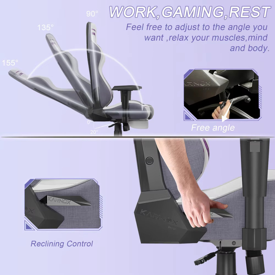 KORNOX Ergonomischer Gaming-Stuhl aus Stoff in Weiß und Lila mit Kopfstütze und Lendenwirbelstütze für Erwachsene und Jugendliche - Bild 4