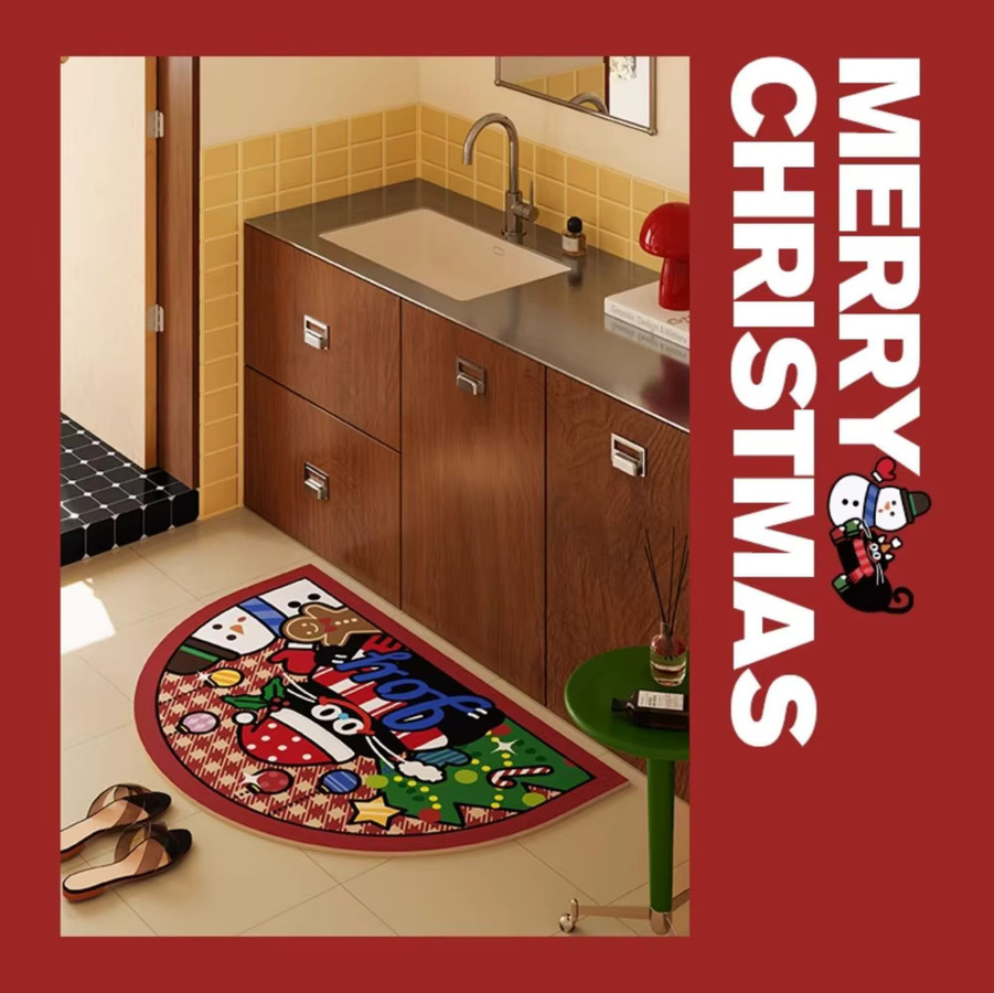 VIKAMA Halbrunde Weihnachtsfußmatte Frohe Weihnachten, bunte Willkommensmatte für den Eingangsbereich und Wohnzimmer, Durchmesser: 60 cm - Bild 3