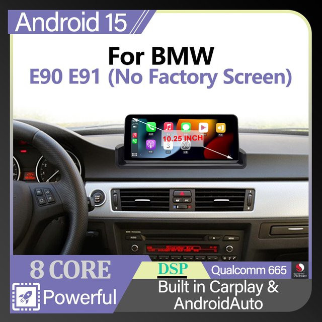 DMDNAVI Android 15 Auto-Stereoanlage für BMW 3er Serie E90 E91 E92 E93 (2005-2012), 10,25 Zoll Bildschirm, 8GB RAM + 64GB Speicher, Qualcomm 665 8-Kern Prozessor, Wireless Carplay, 4G WIFI, Schwarz - Bild 1