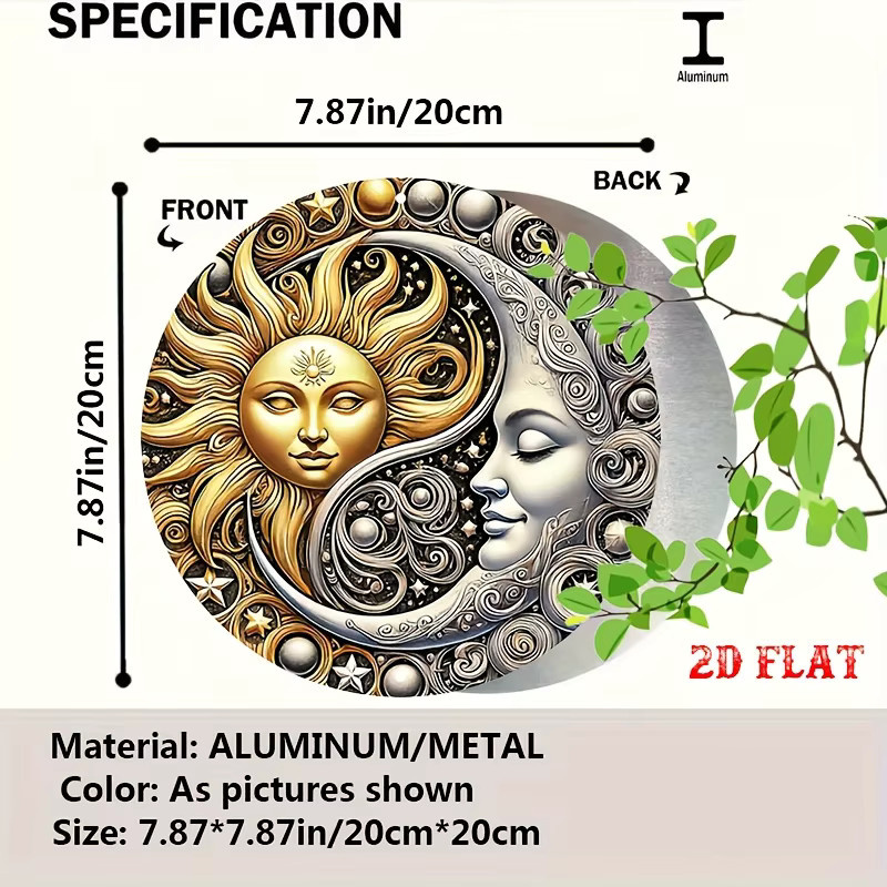 Potdemiel Yin Yang Mond Aluminiumschild als runde Metall Wanddekoration im Boho Stil, Durchmesser: 20 cm - Bild 3