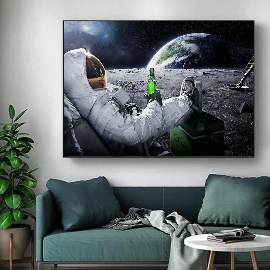 Moderne Leinwandmalerei PanitingArt Astronaut trinkt Bier auf dem Mond, B/H: 20 x 30 cm, Multicolor - Bild 3