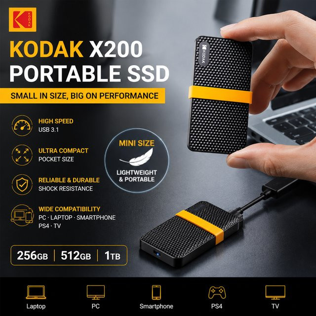 KODAK X200 Externe SSD Tragbarer USB-C Solid-State-Speicher in Schwarz - Bild 1
