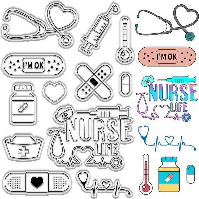 Wiederverwendbare Silikon-Stempel mit medizinischen Motiven wie Krankenschwester, Pflaster und Stethoskop in transparent - Bild 1