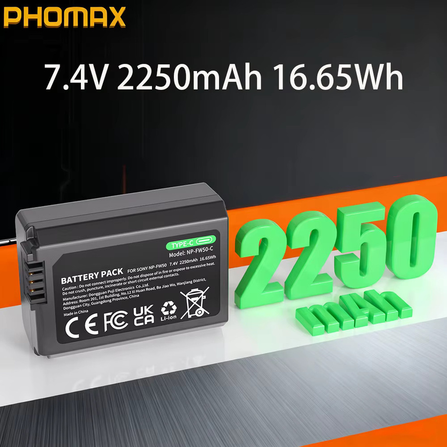 PHOMAX NP-FW50 Li-Ion Akku mit USB-C Direktladung für Sony A6400 A6000 ZVE10 A6300 A7 M2 A7R2 A6100 A5100 NEX-7 NEX-F3, 2250mAh, Schwarz - Bild 2