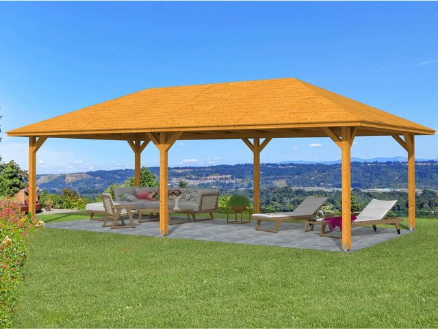 Skan Holz Pavillon Orleans 3 mit Zeltdach in Eiche Hell und Beige, B/T/H: 504 x 916 x 344 cm - Bild 1