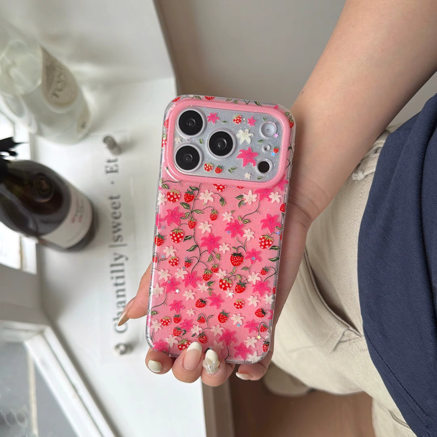 TROPLET Schutzhülle für iPhone in Rosa mit Erdbeer- und Blumen-Glitzer-Design - Bild 4