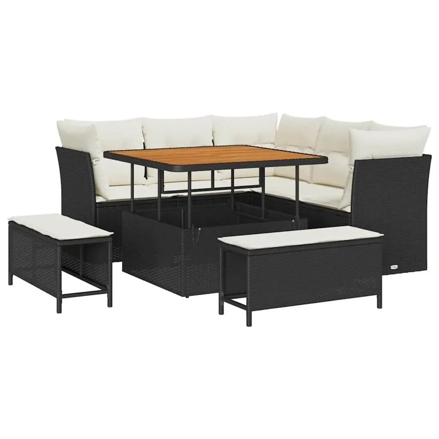 vidaXL 8-teiliges Gartensofa-Set aus Polyrattan und Akazie in Schwarz mit Kissen und Ottoman für Garten, Terrasse oder Balkon - Bild 2