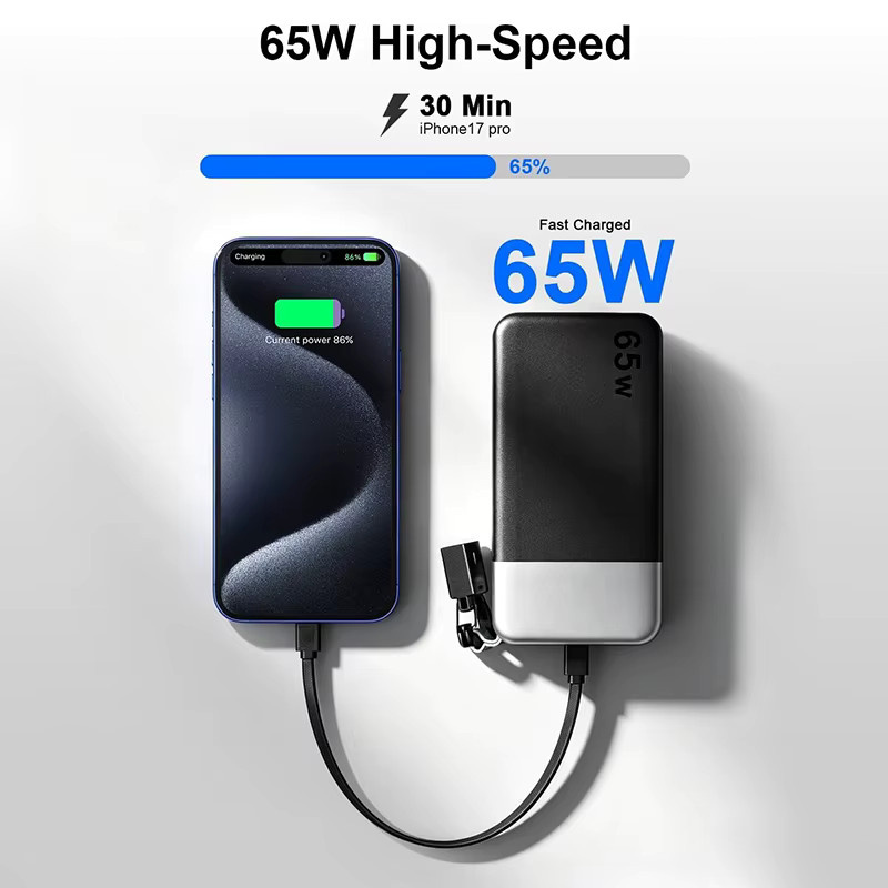 JUOVI Tragbares Ladegerät 65W 20000mAh Powerbank mit integriertem USB-C-Kabel in Schwarz für Laptop, MacBook und Smartphones - Bild 7
