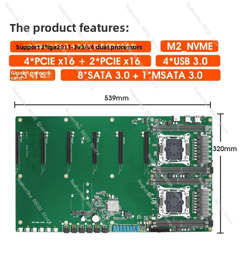 X99 Dual-Socket PLUS Motherboard mit LGA2011-3 Sockel, DDR4 Speicher und 6 PCIe Grafikkartensteckplätzen in Grün - Bild 3