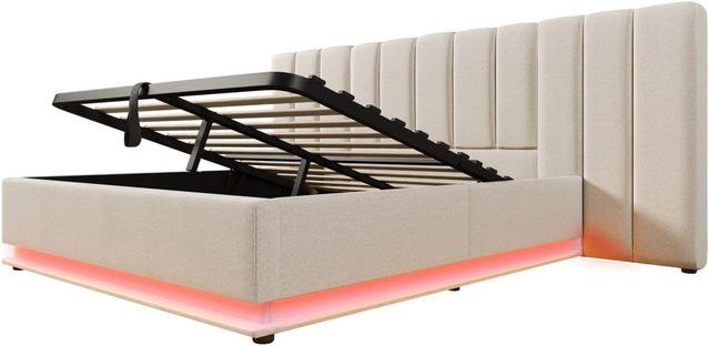 Merax Polsterbett mit Lift-up-Funktion in Beige, B/T/H: 160 x 200 x 112 cm, mit LED-Unterbettbeleuchtung und USB-C Anschluss - Bild 1