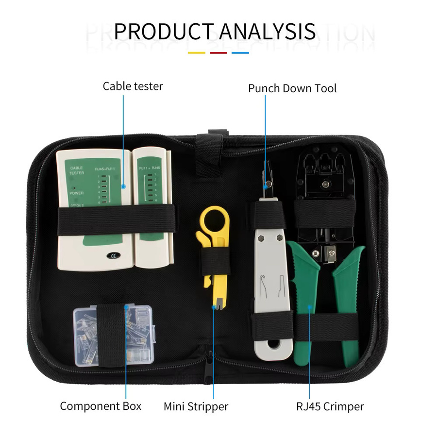 Netzwerk-Werkzeugset von Seven Floor in Grün mit Crimpzange für Cat5 RJ45 8P6P4P, Ethernet-Kabeltester, Einpresswerkzeug, Abisolierzange und Modularstecker inklusive Werkzeugtasche - Bild 2