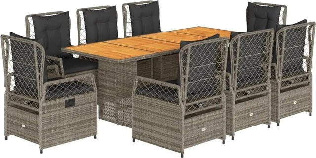 vidaXL 9-teilige Garten-Essgruppe aus Poly-Rattan und Akazienholz in Grau mit Kissen - Bild 1