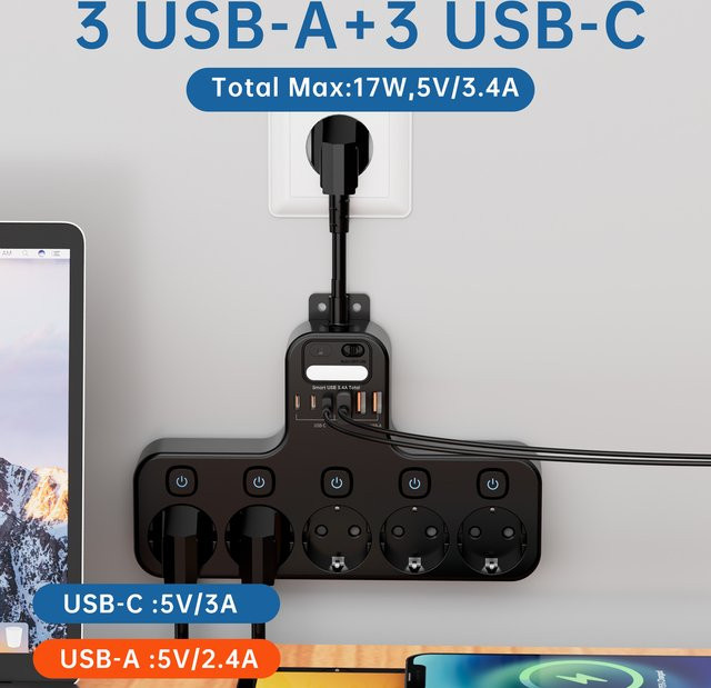 DODOYESANA Multifunktionales EU Verlängerungskabel mit Nachtlicht und 6 USB-Anschlüssen (3x USB-C), 4000 W, Schwarz - Bild 1