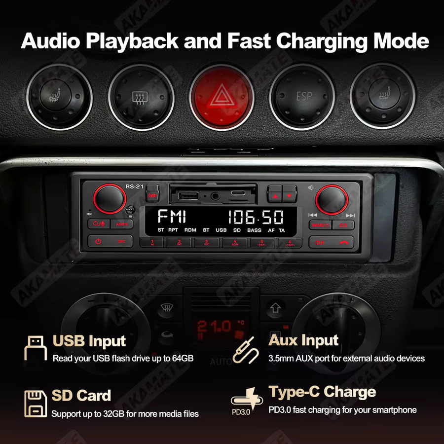 AKAMATE Din MP3 Autoradio im Retro-Stil mit Bluetooth 5.1, AUX, FM/AM/RDS, USB und Sprachsteuerung in Schwarz - Bild 4
