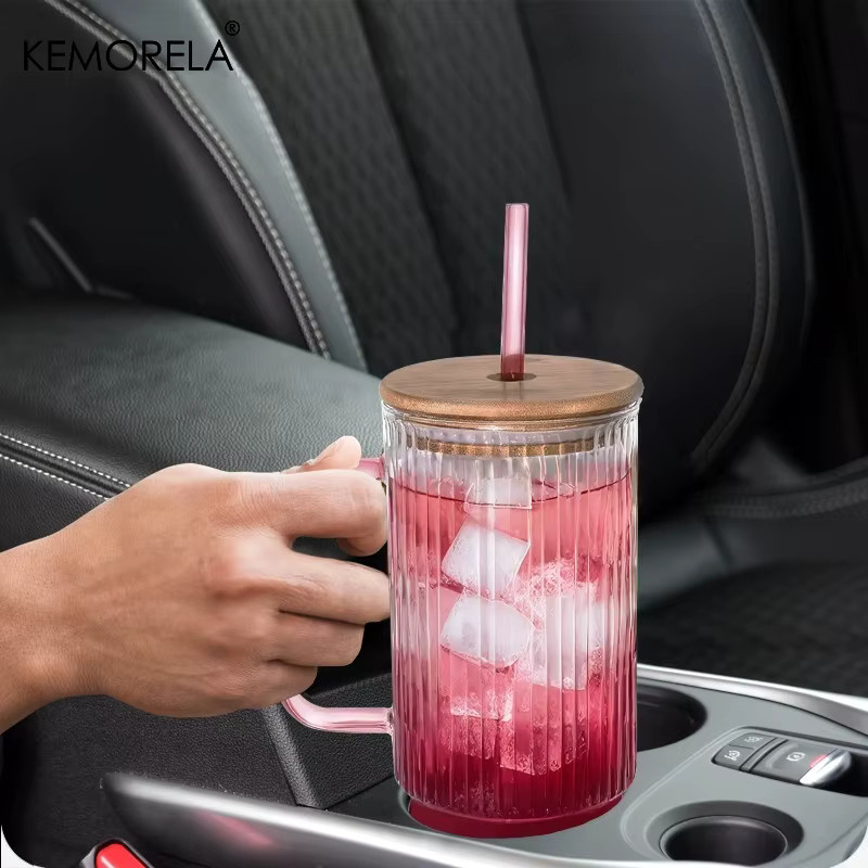 KEMORELA Glasbecher im Vintage-Stil mit Bambusdeckel und Strohhalm, 900 ml, grün/mehrfarbig - Bild 3