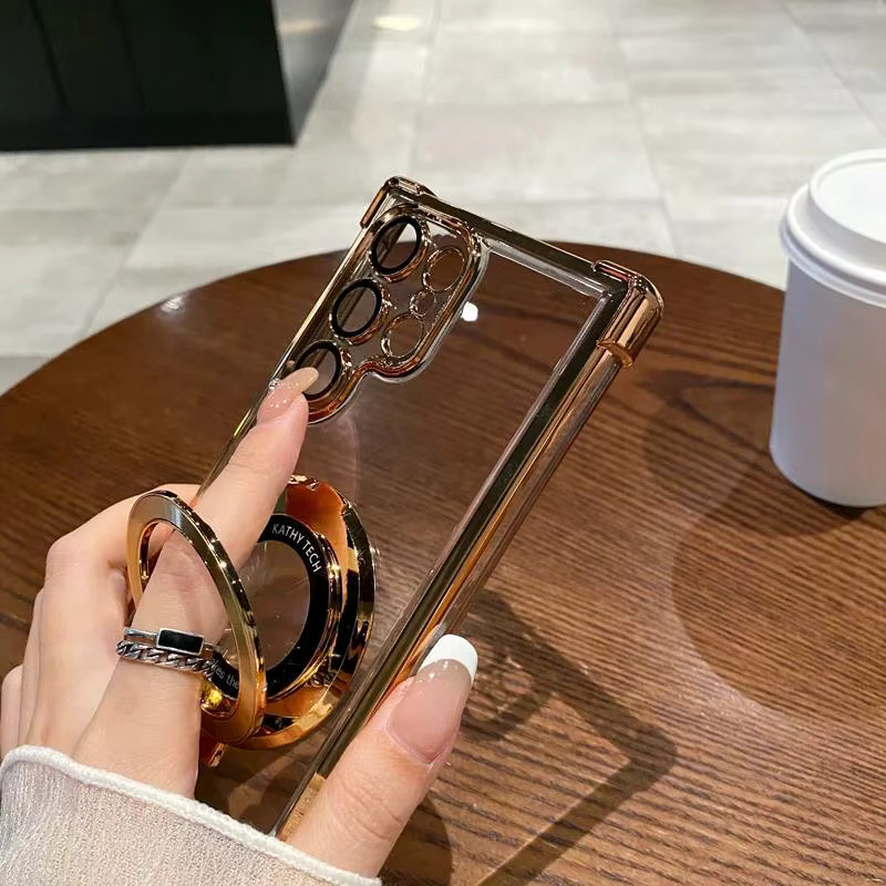 Transparente magnetische Schutzhülle mit integriertem Ständer für Samsung Galaxy S25 S24 S23 S22 Ultra Plus in Pink - Bild 2