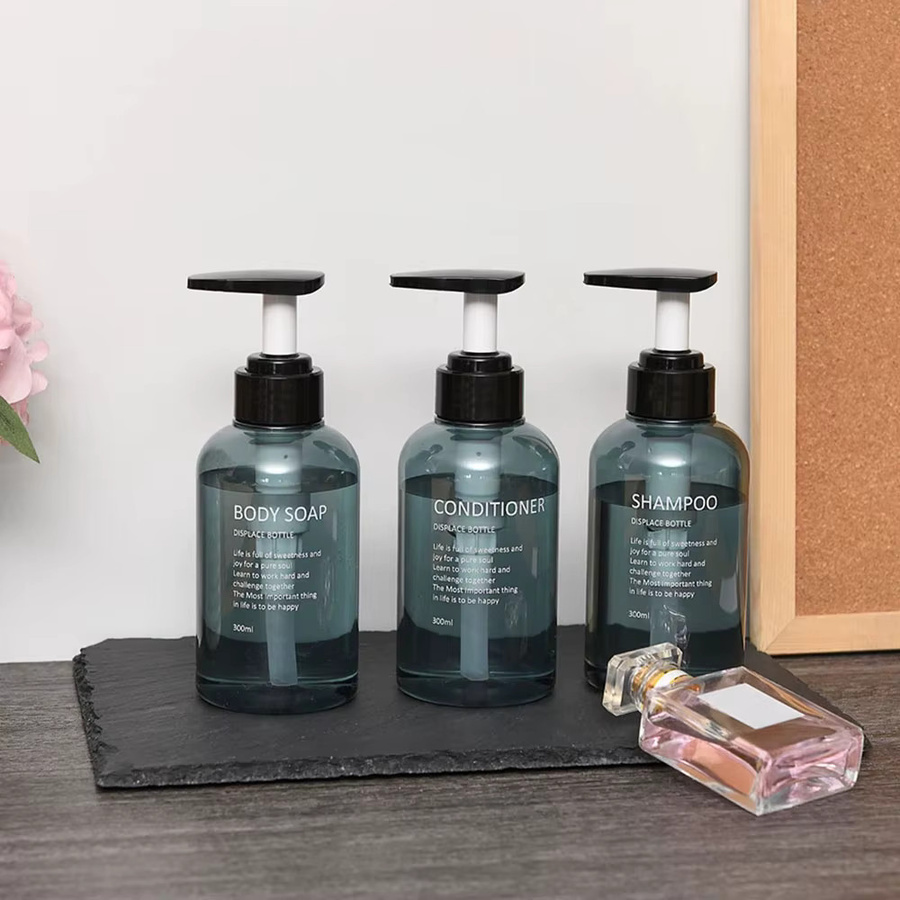 MOZHOU Spender Set für Shampoo, Conditioner und Seife aus Kunststoff, Blau Transparent, 3-teilig mit Pumpe - Bild 2