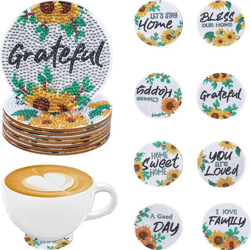 8-teiliges DIY-Diamant-Malerei-Kunstset mit floralem Buchstabenmuster und mehrfarbigen Kristall-Mosaik-Untersetzern aus Kunststoff - Bild 1