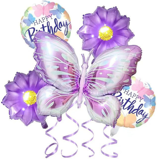 YAYB 5-teiliges Schmetterling und Sonnenblumen Folienballon-Set in Lila für Babyparty, Hochzeit oder Geburtstag als romantische Partydekoration - Bild 1