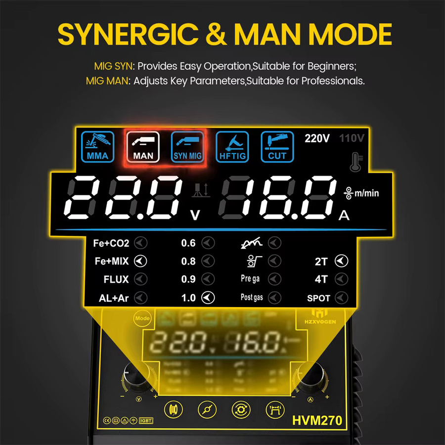 HZXVOGEN HVM270 Multiprozess-Schweißgerät in Schwarz mit SYN&MAN MIG-Steuerung als 6-in-1 Kombination aus HF TIG, CUT, Stick MMA ARC und Gas/Gaslos MIG sowie Punktschweißen - Bild 4
