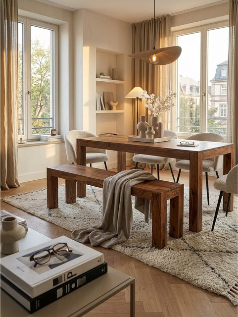 Esszimmerbank MUMBAI von KADIMA DESIGN aus Massivholz im Landhausstil, Braun, B/T/H: 140 x 35 x 45 cm - Bild 1