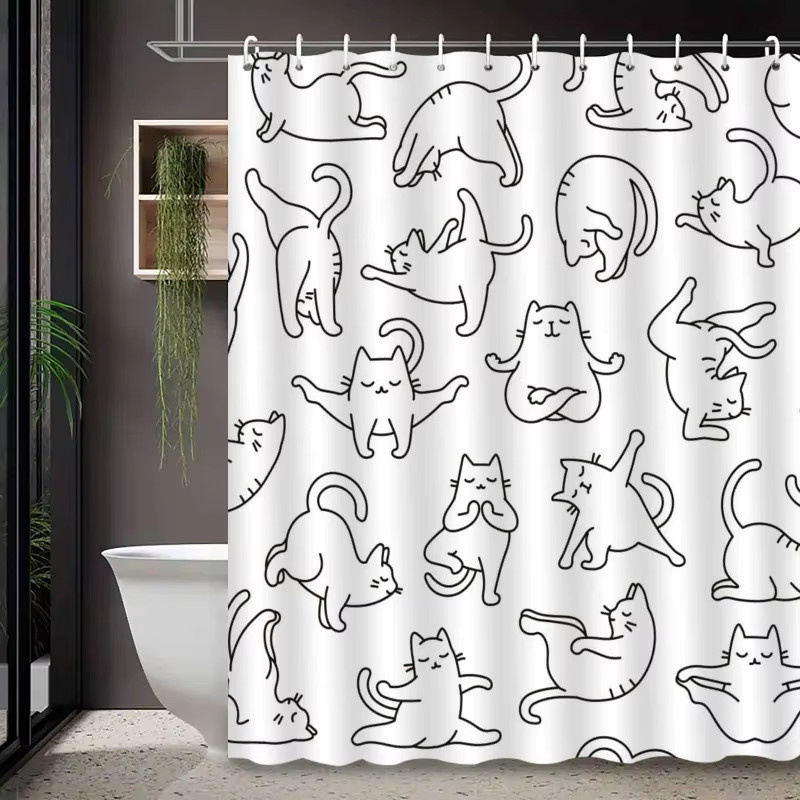 VIKAMA Minimalistischer Katzen-Duschvorhang aus wasserdichtem Polyester in Weiß - Bild 2